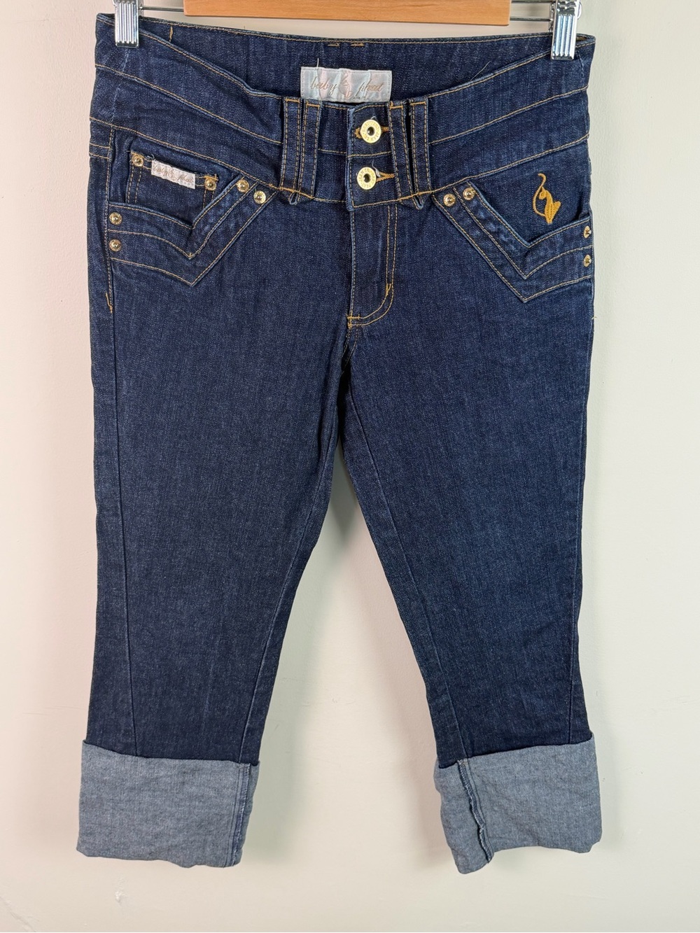 Baby Phat Dark Indigo Cuffed Crop Jeans with Gold Stitching